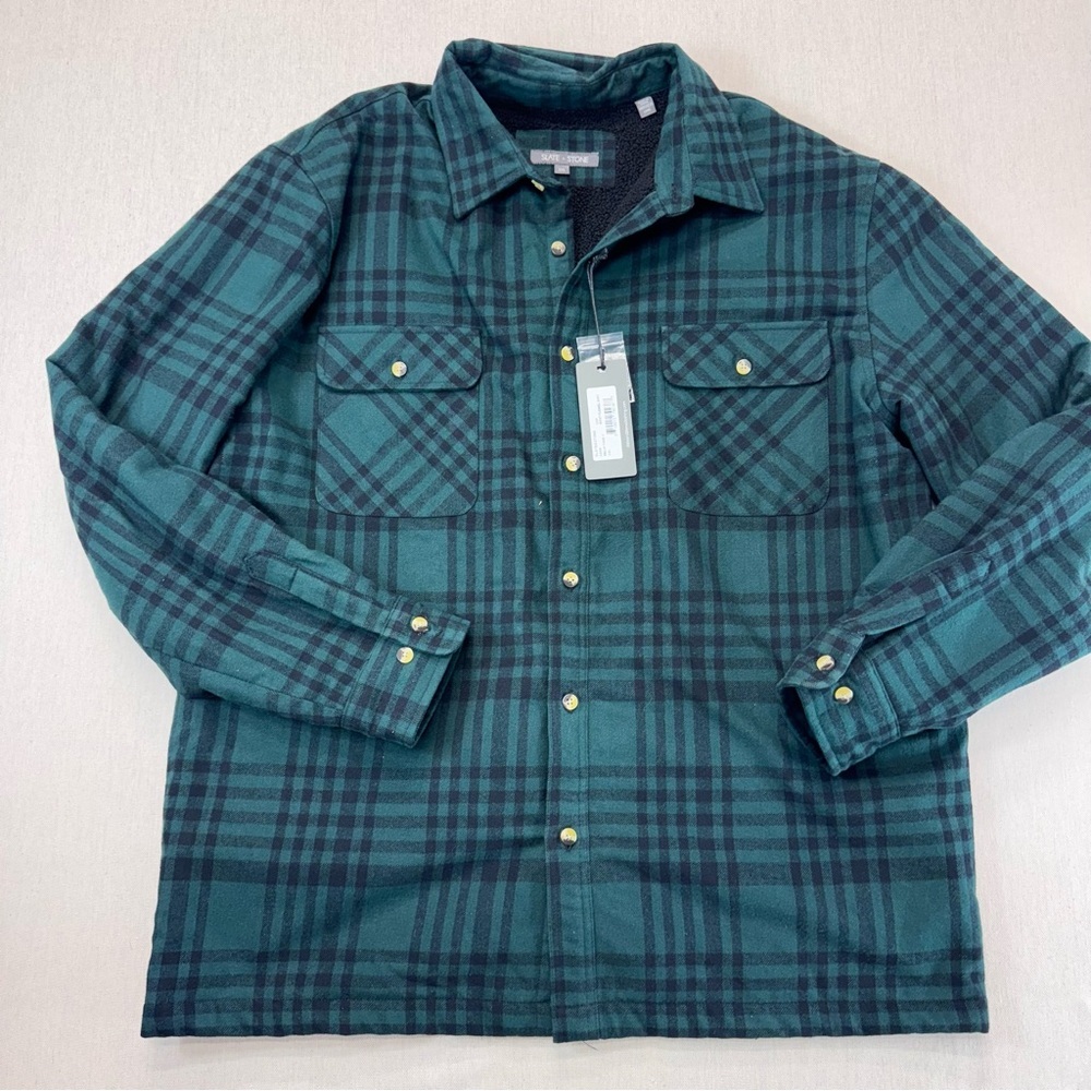 NEW SLATE AND STONE Men's Heavy Flannel Shacket Shirt in Green Black Plaid XXL
